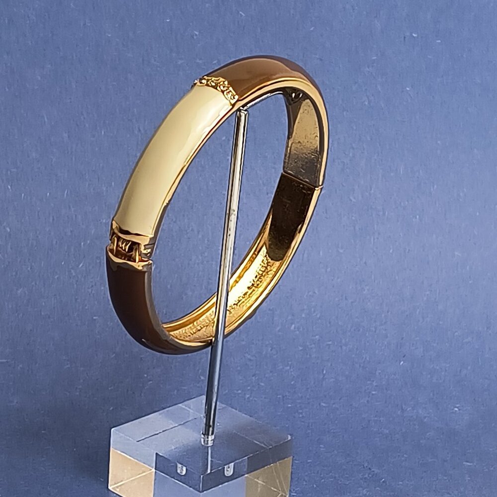 Block Multi Brown Off White Enamel Hinge Bangle Clamper Bracelet Gold Tone